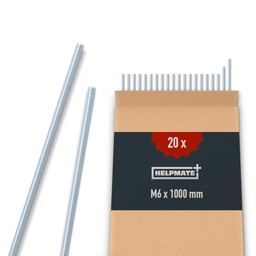 HELPMATE – Gewindestange M6 x 1000 mm aus verzinktem Stahl – 20 Stück Gewindestab mit metrischem Vollgewinde – Gewindestift mit Festigkeitsklasse 4.8, DIN 976 von HELPMATE