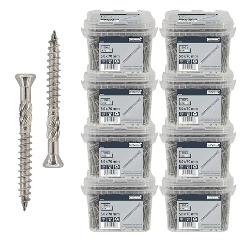 HELPMATE – Terrassenschrauben 5x70 Edelstahl A2 Rostfrei – 4000 Stück Dielenschrauben + T25 Bits – Terrassendielen Schrauben für Außenbereich (Terrassenbau, Gartenhäuser, Bauholzkonstruktionen etc.) von HELPMATE