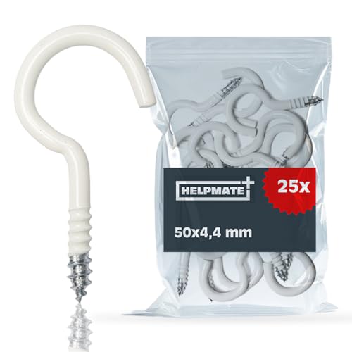 HELPMATE –Wäscheleinehaken 50x4,4x17x13 mm – kunststoffbeschichteter Stahl in weiß – 25 Stück – robuste Schraubhaken zur Befestigung von Wäscheleinen von HELPMATE