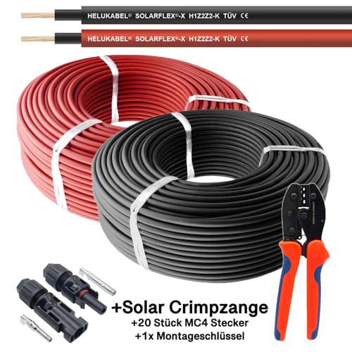 HELUKABEL 2er Pack rot + schwarz Solarkabel 6mm² - je 100m - UV-beständig, halogenfrei, flexibel ... inkl. Solar Crimpzange und 20x MC4 Solarstecker Steuersatz 0% MwSt. (Privatpersonen) von HELUKABEL