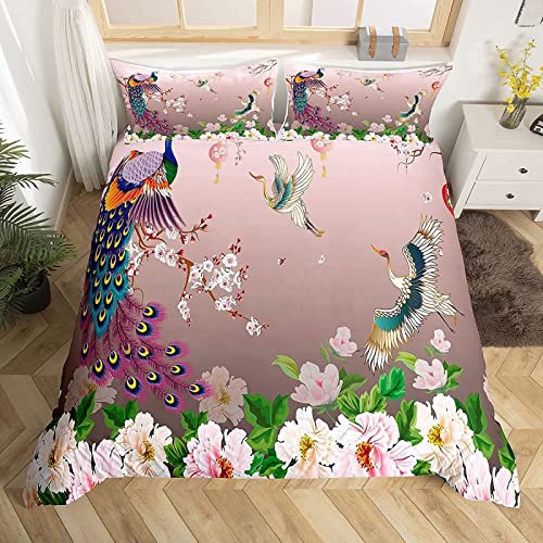 HELVES Bettwäsche 140x200 cm Pfau, 3D Bettwäsche Set Mikrofaser Bettbezug Pfingstrose für Kinder, Weiche Bettbezüge + 2 Kissenbezug 80x80 cm, mit Reißverschluss von HELVES