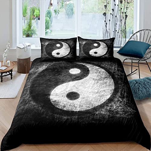 HELVES Bettwäsche 140x200 cm Yin-Yang-Thema, 3D Bettwäsche Set Mikrofaser Bettbezug Schwarz Und Weiß für Kinder, Weiche Bettbezüge + 2 Kissenbezug 80x80 cm, mit Reißverschluss von HELVES