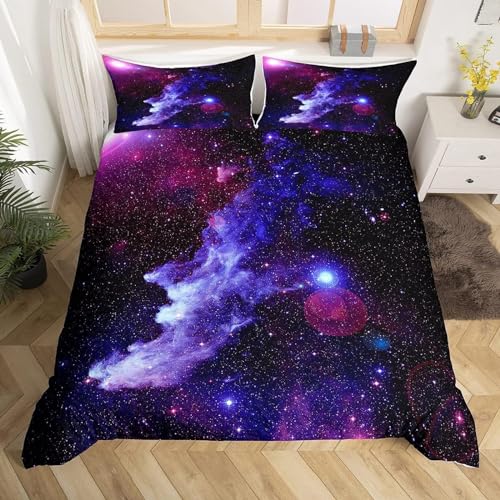 HELVES Bettwäsche 155x220 cm Astro, 3D Bettwäsche Set Mikrofaser Bettbezug Lila Galaxie für Kinder, Weiche Bettbezüge + 2 Kissenbezug 80x80 cm, mit Reißverschluss von HELVES