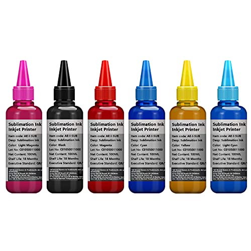 Sublimationstinte, kompatibel mit Epson 6-Farbendruckern, Thermo-Transfer-Tinte für T50, T59, P50, T60, 1400, 1410, 1500W, R300, RX600, L1800, L800, L805, L810, L850 Drucker, 6 x 100 ml von HEMEINY