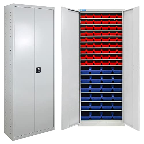 HEMMDAL Flügeltürenschrank | HxBxT 195 x 71 x 30 cm | grau | Werkzeugschrank aus Stahl | Sichtlagerkästen 54 x Rot 24 x Blau | Aufbewahrung von Kleinteilen & Werkzeug | Werkstattschrank von HEMMDAL