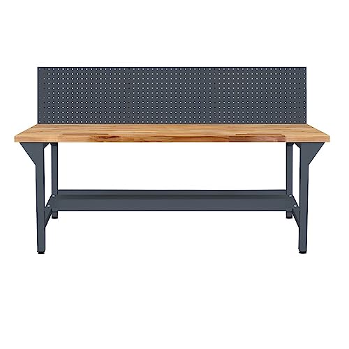 HEMMDAL PRO Werkbank Typ XL mit Lochwand | 300 kg Tragkraft | HxBxT 85 x 200 x 75 cm | Anthrazitgrau | 5 cm Starke Massivholz-Arbeitsplatte | stabiles Stahlgestell | Made in EU | Profi-Werktisch von HEMMDAL