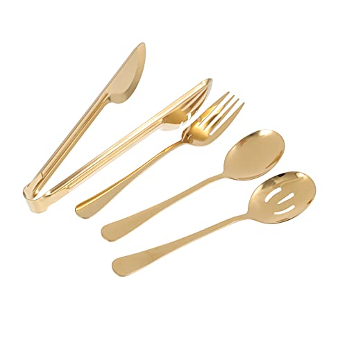 HEMOTON 4-teiliges Servierbesteck aus Edelstahl, Besteck-Set, Servin-Gabel, Suppenlöffel, perforierter Löffel, Zange für Abendessen, Buffet, goldfarben von HEMOTON