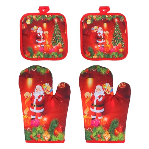 HEMOTON 4 x Weihnachts-Ofenhandschuhe und Hot Pads Sets Weihnachtsmann hitzebeständig für Mikrowelle BBQ Backen Grillen Kochen Rot von HEMOTON