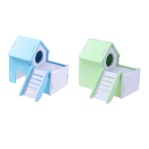 HEMOTON Doppelstöckiges Hamsterhaus aus Holz mit Leiter Blauer Schlafplatz für Zwerghamster und Kleine Haustiere Versteck und Spielort von HEMOTON