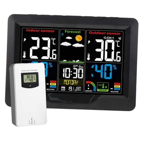 HEMOTON Wireless Sensor Wetterstation mit Farbdisplay Kabellose Innenthermometer Wecker Wettervorhersage und Luftfeuchtigkeitsmesser USB Geladen Komfortable Raumklimaanalyse Dunkles von HEMOTON