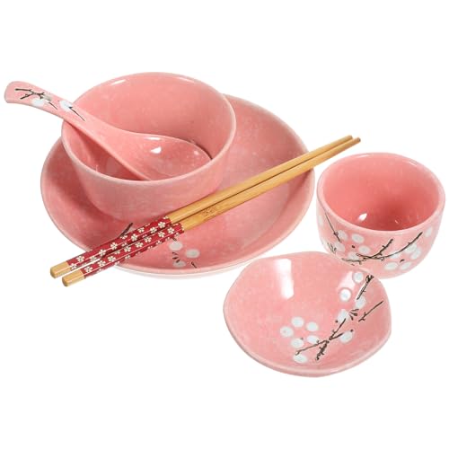 HEMOTON 6PCS Japanische Style Bowl- Set Küchenkeramik- Ramen- Schüssel- Set mit Essstäbchen Löffeln Und Pausen Rosa Porzellannudelschale für Udon Pho Salat Suppe von HEMOTON