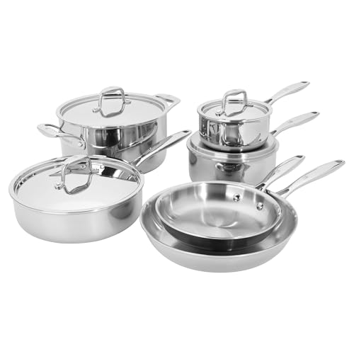 HENCKELS Clad Impulse 10-teiliges 3-lagiges Edelstahl-Töpfe und Pfannen Set, Kochgeschirr-Set, Bratpfanne, Stieltopf mit Deckel, Saute-Pfanne mit Deckel, Dutch Oven mit Deckel, Stay-Cool-Griffe, Induktionsherd kompatibel von HENCKELS