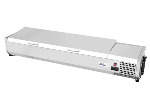 HENDI Aufsatzkühlvitrine, Statische Kühlung, Temperatur von -2 bis +8°C, Automatischer Abtauung, mit Edelstahldeckel, Digitales Bedienfeld, 6x GN 1/3, 230V, 180W, 1405x395x(H)290mm, Edelstahl von HENDI