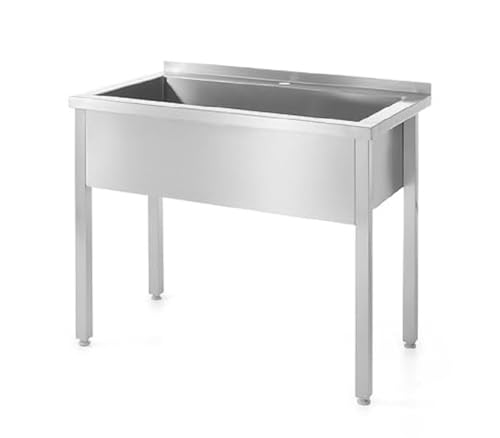 HENDI Einzelspültisch, geschweißt, Verstellbare Füße, Beckengröße: 886x443x(H)300mm, Abfluss: ø50mm, Öffnung für Wasserhähnen: ø30mm, Aufkantung: 40mm, 1000x600x(H)850mm, Edelstahl von HENDI
