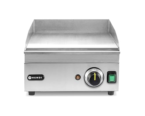 HENDI Grillplatte, glatte Ausführung, Entnehmbare Festtschublade, Temperatur bis 300°C regelbar, kompakt, Elektrogrill, Tischgrill, Gastrogrill, 230V/2000W, 325x485x(H)222mm, Edelstahl von HENDI