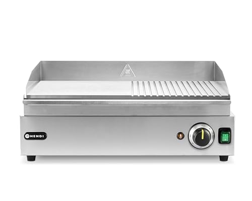 HENDI Grillplatte, halb gerillt und halb glatt, Entnehmbare Festtschublade, Temperatur bis 300°C regelbar, Elektrogrill, Tischgrill, Gastrogrill, 230V/2400W, 526x444x(H)232mm, Edelstahl von HENDI