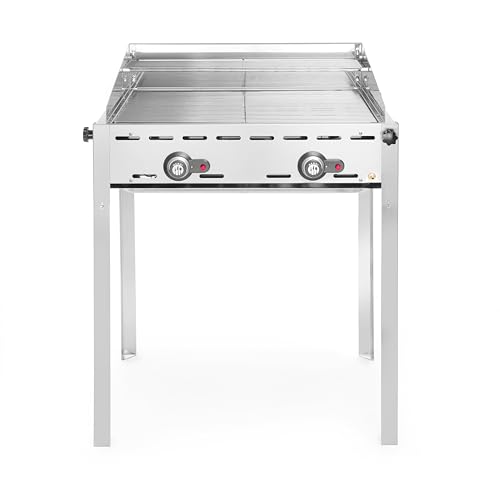 HENDI Grillsystem Green Fire 2 Brenner, mit 2 Edelstahl Grillroste GN 1/1, mit Windfang, nur für Verwendung im Aussenbereich, 740x612x(H)825mm, 11,6kW, Edelstahl 18/0 von HENDI