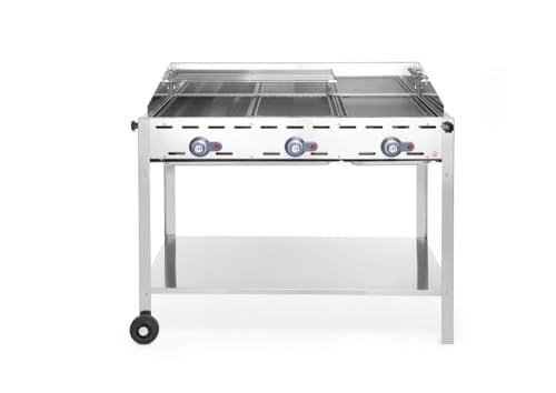 HENDI Grillsystem Green Fire 3 Brenner, mit Emaillierte Grillplatte aus Gusseisen und Rost GN 1/1, nur für Verwendung im Aussenbereich, 1078x612x(H)825mm, 17,4kW, Edelstahl 18/0 von HENDI