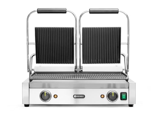 HENDI Kontaktgrill, Doppelversion, Elektrogrill, Tischgrill, Sandwichtoaster, Regelbar bis max. 300°C, Oberseite (H)530mm, Grillfläche 475x230mm, 230V, 3600W, 570x370x(H)210mm, Edelstahl von HENDI