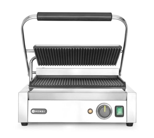 HENDI Kontaktgrill, Panini-, sandwich- & Kontaktgrill, Regelbar bis max. 300°C, Oberseite (H)530mm, Grillfläche 340x230mm, 230V, 2200W, 430x379x(H)210mm, Edelstahl von HENDI