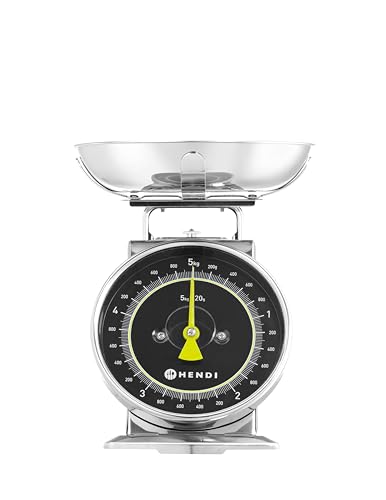 HENDI Küchenwaage, mechanisch, für max 5 kg, Einteilung 20g, mit Wiegeschale, Tara-Funktion, keine Batterien erforderlich, Haushaltwaage, Retro-Küchenwaage, 207x231x(H)254mm, Edelstahl von HENDI