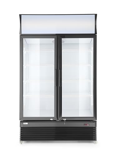 HENDI Getränkekühlschrank mit Leuchtkasten, Zweitürig, mit 8 verstellbaren Regalböden, Temperaturbereich: 2° bis 10°C, automatische Abtauung, 643L, 230V/510W, 1120x585x(H) 1900mm, Aluminium, Glas von HENDI