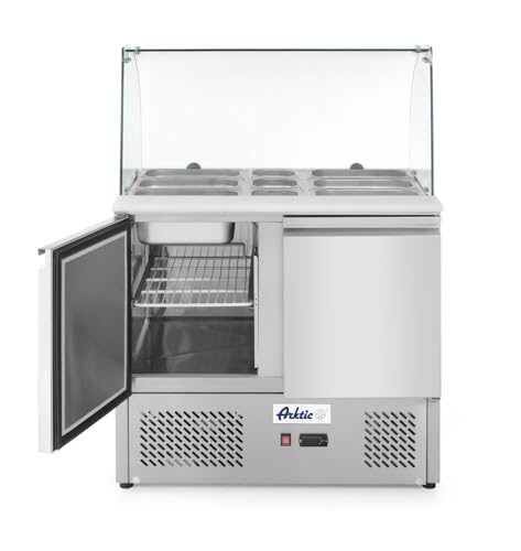 HENDI Kühltisch, Saladette, Zweitürig, mit Glasdisplay, max -2 bis 8°C, Inklusive 2 Fachböden, je bis 15kg belastbar (bei gleichmäßiger Verteilung), 300L, 230V, 310W, 900x700x(H)1300mm, Edelstahl von HENDI