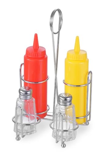 HENDI Menage Set, Zwei Glasstreuer (60 ml), 2 Quetschflaschen aus Polyethylen, Gewürzständer, Quetschflaschen: 0,35L, Edelstahl 18/0 von HENDI