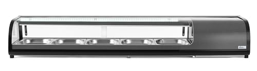 HENDI Sushi-Kühlvitrine, Arktic, mit 5x GN1/2 Behälter, Temperaturbereich: 0° bis 12°C, LED-Beleuchtung, Sushi-Kühlschrank, 230V/190W, 1800x420x(H)265mm, Edelstahl, ABS, Glas, schwarz von HENDI