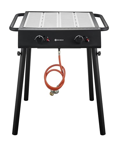 HENDI Xantos Gasgrill, mit 2 Brennern, windfest, mit abnehmbaren Beinen, mit 2 leicht zu reinigenden Rosten, für Gasflaschengas (Propan/Butan), Gasgrill, 815x775x(H)875mm, Edelstahl, Schwarz von HENDI