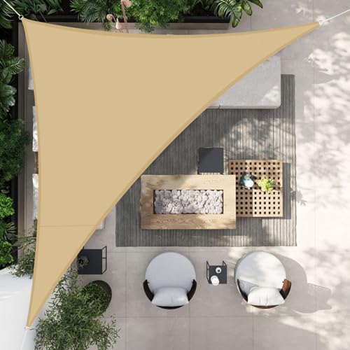 HENG FENG Sonnensegel Dreieck 4x4x5.65m Wasserdicht PES Polyester Sonnenschutz Windschutz Wasserabweisend UV Schutz für Balkon Garten Terrasse Sand von HENG FENG