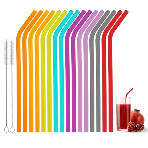 16 Stück Silikon Strohhalme Bunte Trinkhalme Wiederverwendbar Silikonstrohhalme mit 2 Strohhalm Reinigungsbürst für Cocktails Säfte Milchtee Smoothie von HENGBIRD