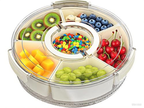 HENGBIRD 10.6 Zoll Snackbox mit Fächern, Snack Box mit Fächern Kann 360° Drehen, Snackbox mit Fächern Kinder Rund,Snackteller mit Deckel, Snackdose mit Fächern füRsüßIgkeiten, Nüsse, Früchte, Gewürze von HENGBIRD