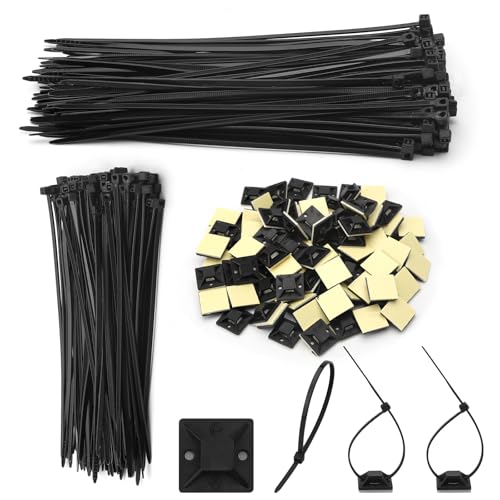 HENGBIRD 200 Stk Kabelbinder Schwarz und 100 Kabelhalter Selbstklebend, 120mm/150mm Kabelbinder Halter UV Beständig Selbstklebende Kabelhalter Kabelbinderhalter Nylon Klebesockel für Kabelbefestigung von HENGBIRD