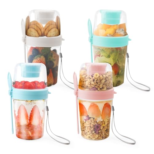 HENGBIRD 4 Stück Müslibecher to go Müsli Becher mit Löffel, 2 in 1 Joghurtbecher für Unterwegs (2 Schichten, 310ml+560ml) von HENGBIRD