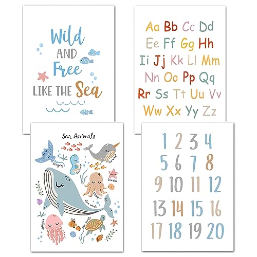 HENGBIRD 4er Set Pädagogische Lernplakate Lernposter für Kinder, A4 Poster Zahlen Alphabet Meeresleben für Kinderzimmer Deko | Montessori Lernen | Für Mädchen und Jungen (21x30cm) von HENGBIRD