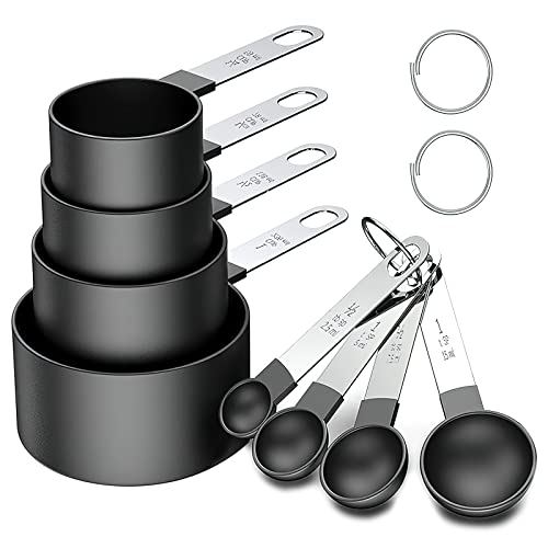 HENGBIRD 8 Teiliges Messbecher und Löffel Set, Kunststoff Messbecher und löffel mit Edelstahlgriff Measuring Cups Messwerkzeug für Flüssigkeiten und Feststoffe zum Kochen von Küchen (Schwarz) von HENGBIRD