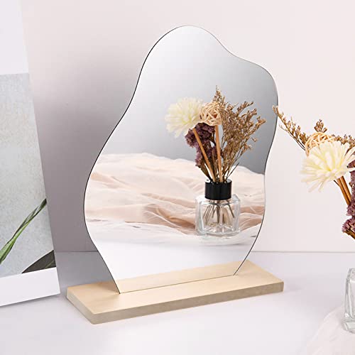 HENGBIRD Acryl Schminkspiegel Rahmenlose Tischspiegel Dekorative, Kosmetik Tischspiegel Unregelmäßiger Schminkspiegel mit Holzsockel für Schlafzimmer Hotel und Aesthetic Room Deko Raumdekor von HENGBIRD