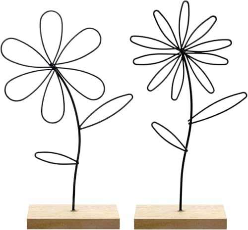 HENGBIRD Aufsteller Blume 2er Set Premium Metall-Blume auf Holz-Sockel, Dekoaufsteller Blumen Arrangement Ornamente, Metallring Blumen Dekoring, Deko-Blumes aus Metall zum Hinstellen und Verschenken von HENGBIRD