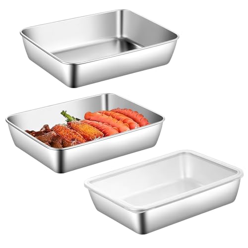 HENGBIRD Backblech Ofenblech Panierschalen Set 3-Teilig Panierstrasse Mit Deckel Edelstahl Schale Rechteckig,Schale Zum Panieren 25 × 19 ×5cm auflaufform groß SpüLmaschinenfest von HENGBIRD
