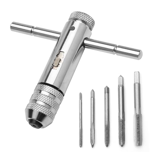 HENGBIRD RatschenschlüSsel Einstellbar mit 5 StüCk Gewindeschneider Set M3 M4 M5 M6 M8 Gewindebohrer Set Windeisen T -Griff Ratsche Golden von HENGBIRD