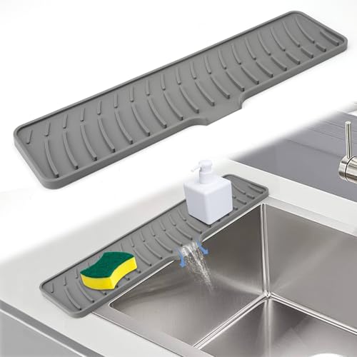 HENGBIRD Silikon Abtropfmatte Schmal, 42 X 10 CM Wasserhahnschutz & Abtropfmatte Verlängert Silikon Abtropfmatte Wasserhahn Abtropfmatte Spüle Wasserhahn Schutz für Anti Rutsch und Entwässerung von HENGBIRD
