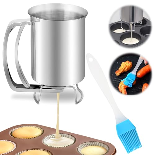 HENGBIRD Teigspender Teigportionierer 800ml Pfannkuchenteigspender Edelstahl Portionierer Teig Kuchen Teigspender Pfannkuchen Manuell Teigdosierer Teig Spender mit Deckel und Skala für Muffins von HENGBIRD