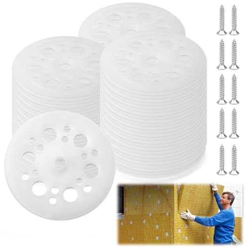 HENGBIRD Unterlegscheiben Kunststoff, 100 Stück Dämmstoffteller mit 100 3cm Schrauben, für Holzwände, Befestigung von Dämmplatten und Unterlagsplatten (46mm) von HENGBIRD