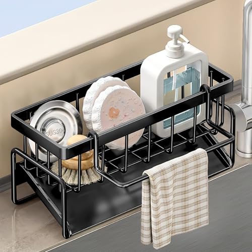HENGBIRD spülbecken Organizer Edelstahl küchen Organizer schwammhalter automatische Entwässerung Geeignet für spültuchhalter Bathroom Organizer spüle Organizer deko küche Schwarz von HENGBIRD