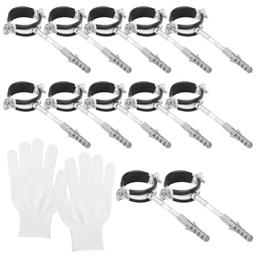 Rohrschellen 50mm 12 StüCk Schraubrohrschelle?DüBel?Stockschrauben und 1 StüCk Arbeitshandschuhe Rohrhalterung Gummieinlage mit Arbeitshandschuhe für Wasserleitungen, LüFtungsrohre von HENGBIRD