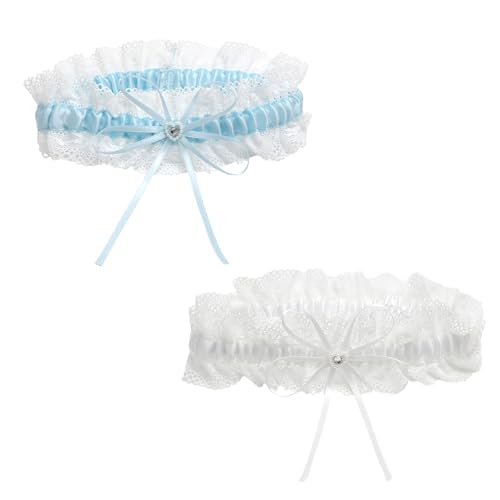 Strumpfband Hochzeit 2er Set Elegante Spitze mit Schleife und Strass elastisch & angenehm für Oberschenkel 33-66cm-Etwas Blaues für die Braut zur Hochzeit Strumpfband Blau für Wedding von HENGBIRD