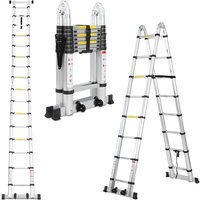 Teleskopleiter Alu Leichtgewicht Rutschfester 1,9m+1,9m Silber Multifunktionsleiter Mehrzweckleiter Ausziehbare Leiter 15 Stufe Stehleiter aus von HENGDA