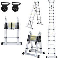 Teleskopleiter Ausziehleiter Klappleiter Stabil Aluminium Stehleiter 2.5m+2.5m Silber ohne haken Mit Stabilisator Mit Rädern - Silber - Hengda von HENGDA