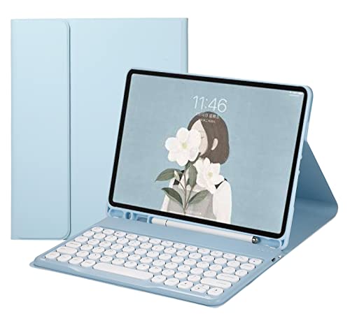 HENGHUI Tastaturhülle für Galaxy Tab S9+ 12,4 Zoll (31,5 cm), niedliche runde Tastenfarbe, kabellos, abnehmbare BT-Tastaturabdeckung mit S-Stifthalter, Himmelblau von HENGHUI